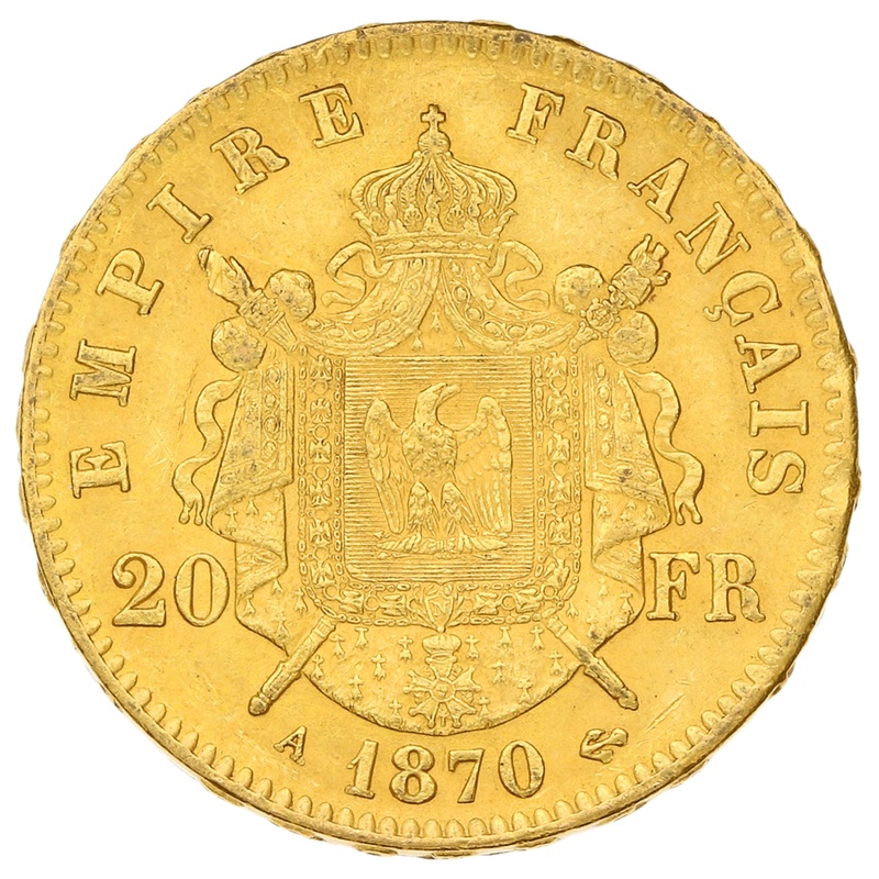 1870 French 20 Francs Gold Coin Napoleon III Laureate Head A