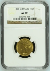 1869 Gold Sovereign Coin Queen Victoria Young Head Shield Back NGC AU50