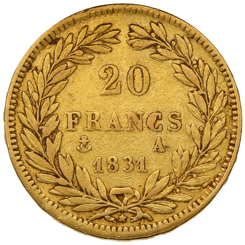 1831 20 French Francs - Louis-Philippe Bare Head - Raised rim lettering - A