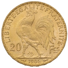 1906 French 20 Francs Gold Coin Marianne Rooster