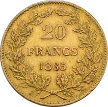 1864-1866 Belgian 20 Franc Gold Coin Leopold I Plain Head