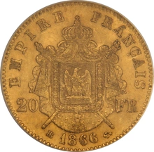1866 French 20 Francs Gold Coin Napoleon III Laureate Head BB PCGS MS62