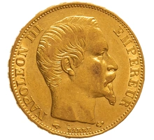 1857 French 20 Francs Gold Coin Napoleon III Bare Head A