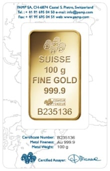 100g Gold Bar PAMP Rosa Minted