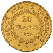 1871 French 20 Francs Gold Coin Guardian Angel A