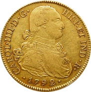 1792 Spanish 8 Escudos Gold Coin Charles IV