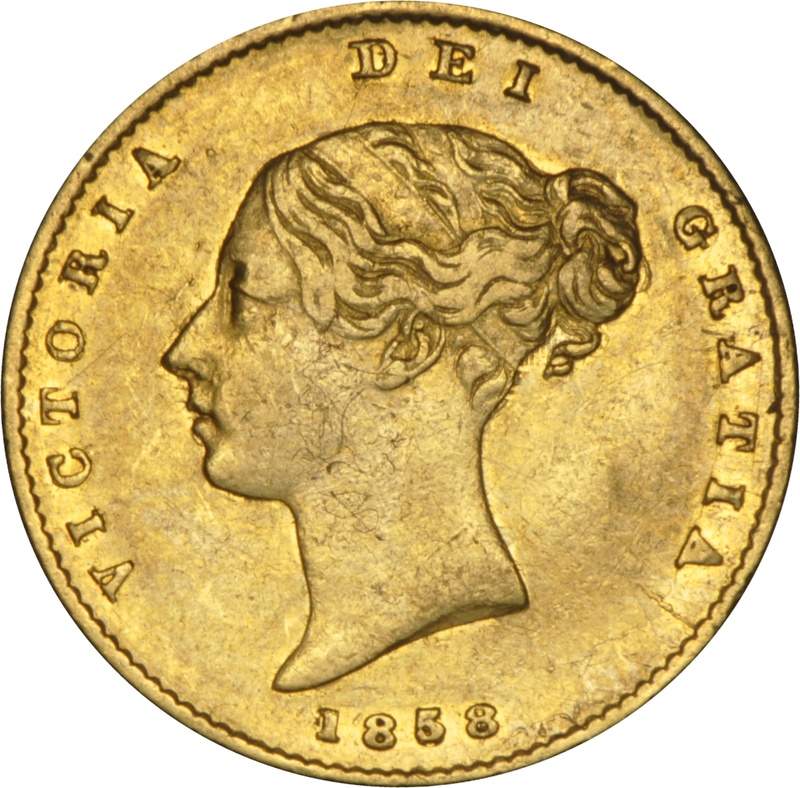 1858 Gold Half Sovereign Queen Victoria Young Head Shield Back NGC AU53