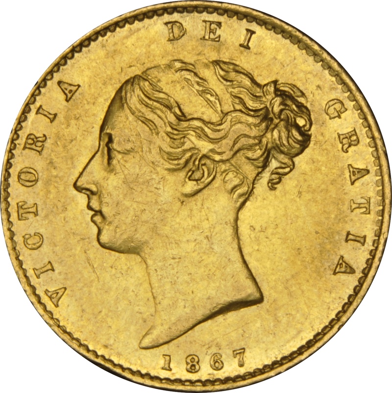 1867 Gold Half Sovereign Queen Victoria Young Head Shield Back NGC AU58