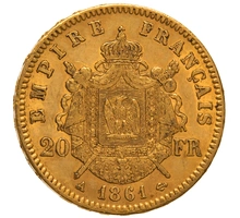 1861 French 20 Francs Gold Coin Napoleon III Laureate Head A