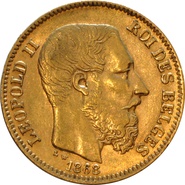 1867-1870 Belgian 20 Franc Gold Coin Leopold II Type 1 