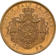 1870-1882 Belgian 20 Franc Gold Coin Leopold II Type 2