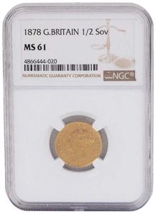 1878 Gold Half Sovereign Queen Victoria Young Head Shield Back NGC Graded MS61