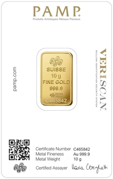 10g Gold Bar PAMP Lady Fortuna Minted