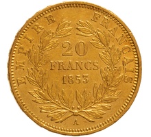 1853 French 20 Francs Gold Coin Napoleon III Bare Head A