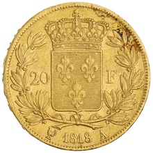 1818 French 20 Francs Gold Coin Louis XVIII Bare Head A
