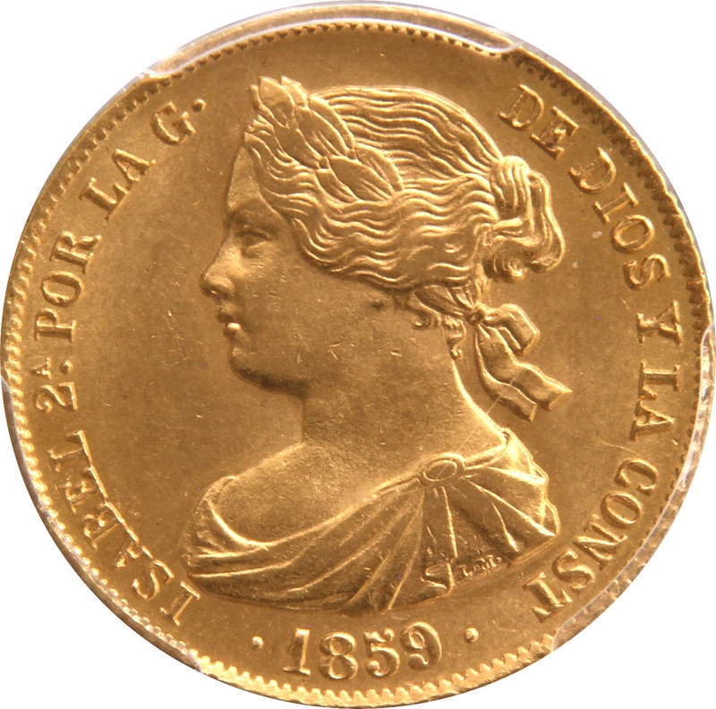 1859 Spanish 100 Reales Gold Coin Isabel II Barcelona PCGS MS62