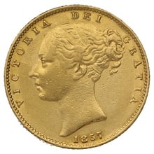 1857 Gold Sovereign Coin Queen Victoria Young Head Shield Back
