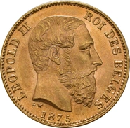 1870-1882 Belgian 20 Franc Gold Coin Leopold II Type 2