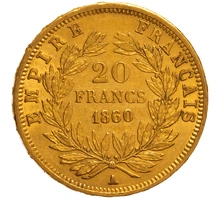 1860 French 20 Francs Gold Coin Napoleon III Bare Head A