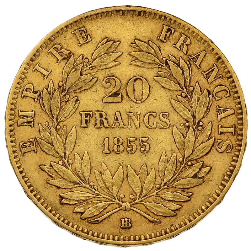 1855 French 20 Francs Gold Coin Napoleon III Bare Head BB greyhound