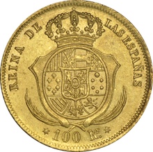 1854 Spanish 100 Reales Gold Coin Isabel II Madrid NGC AU55