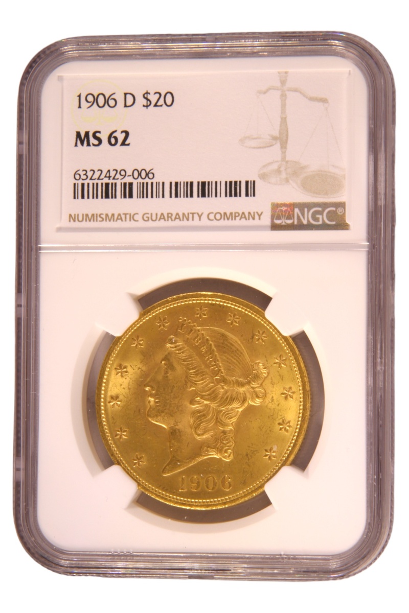 1906 $20 Gold Coin Double Eagle Liberty Head Denver NGC MS62