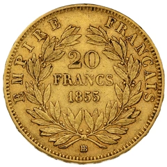 1855 French 20 Francs Gold Coin Napoleon III Bare Head BB anchor