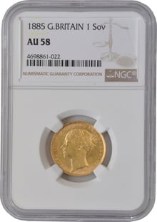 1885 Gold Sovereign Coin Queen Victoria Young Head NGC AU58