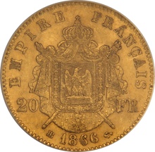 1866 20 French Francs - Napoleon III Laureate Head - BB PCGS MS62