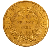 1854 French 20 Francs Gold Coin Napoleon III Bare Head A