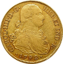 1792 Spanish 8 Escudos Gold Coin Charles IV