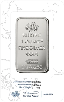 1oz Silver Bar PAMP Lady Fortuna Minted