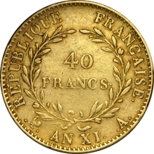 French 40 Francs Gold Coin Napoleon First Consul Bare Head 1802-1804 AN 11-12