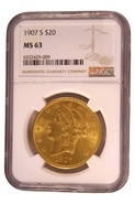 1907 $20 Gold Coin Double Eagle Liberty Head San Francisco NGC MS63