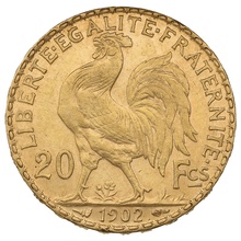 1902 French 20 Francs Gold Coin Marianne Rooster