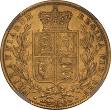1853 Gold Sovereign Coin Queen Victoria Young Head Shield Back NGC AU50