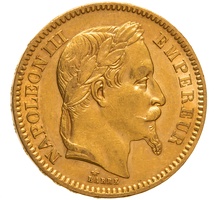 1864 French 20 Francs Gold Coin Napoleon III Laureate Head A