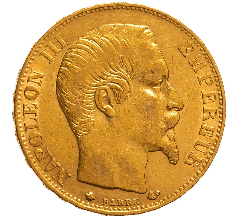1860 French 20 Francs Gold Coin Napoleon III Bare Head BB