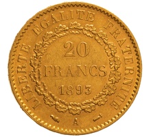 1893 French 20 Francs Gold Coin Guardian Angel A