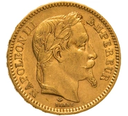 1865 French 20 Francs Gold Coin Napoleon III Laureate Head A