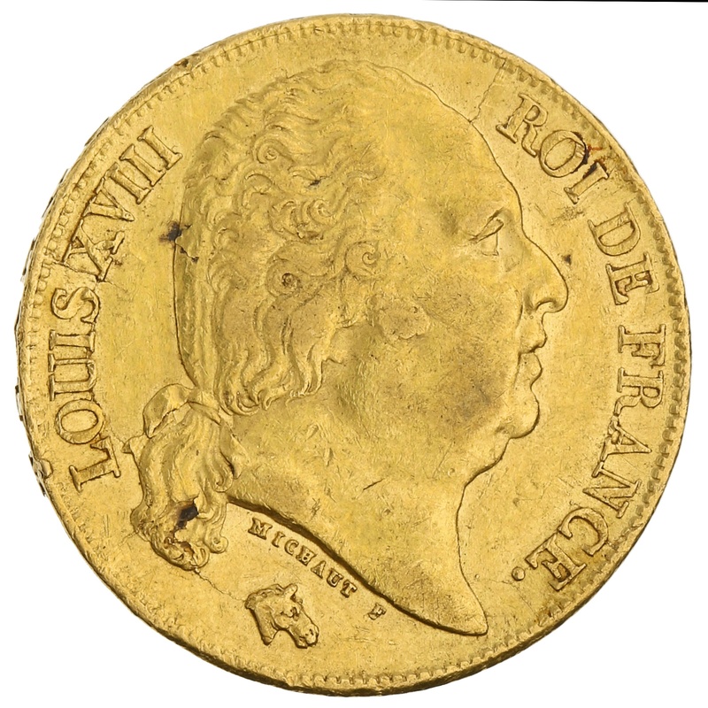 1818 French 20 Francs Gold Coin Louis XVIII Bare Head A