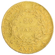 French 20 Francs Gold Coin Bonaparte Premier Consul A AN12