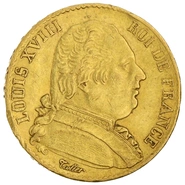 1814 French 20 Francs Gold Coin Louis XVIII Uniformed Bust A