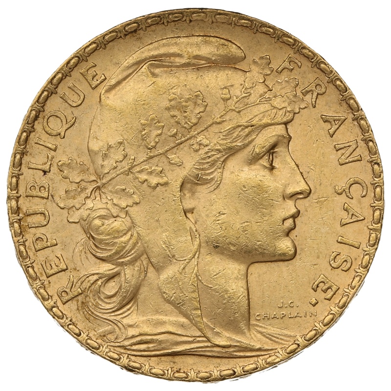 1901 French 20 Francs Gold Coin Marianne Rooster