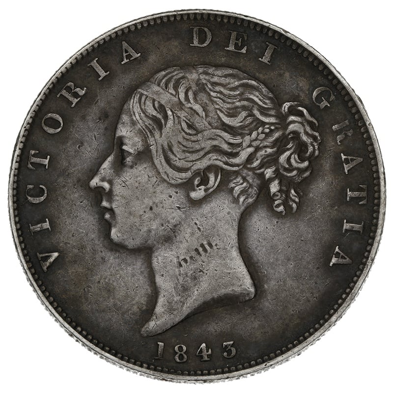 1843 Silver Half Crown Coin Queen Victoria Milled