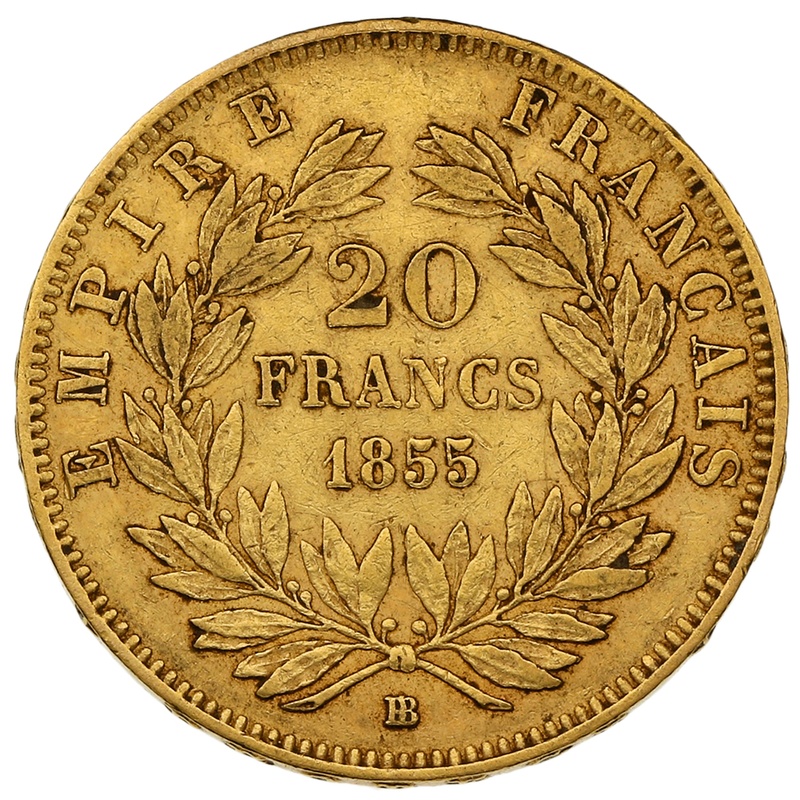 1855 20 French Francs - Napoleon III Bare Head - BB - anchor
