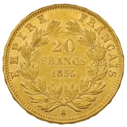 1855 French 20 Francs Gold Coin Napoleon III Bare Head A greyhound