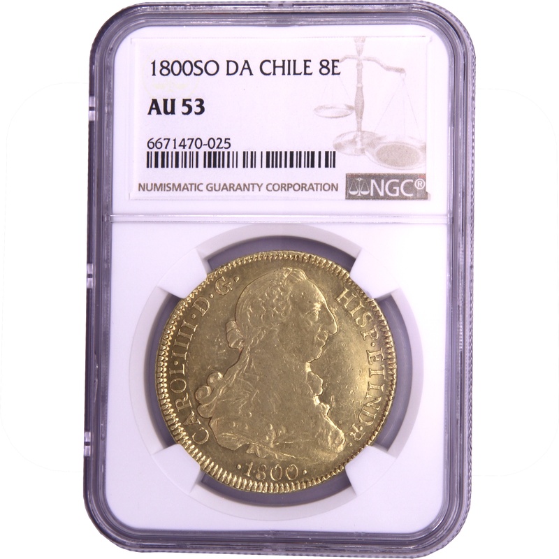 1800 Spanish 8 Escudos Gold Coin Charles IV Santiago NGC AU53