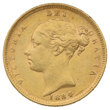 1884 Gold Half Sovereign Queen Victoria Young Head Shield Back