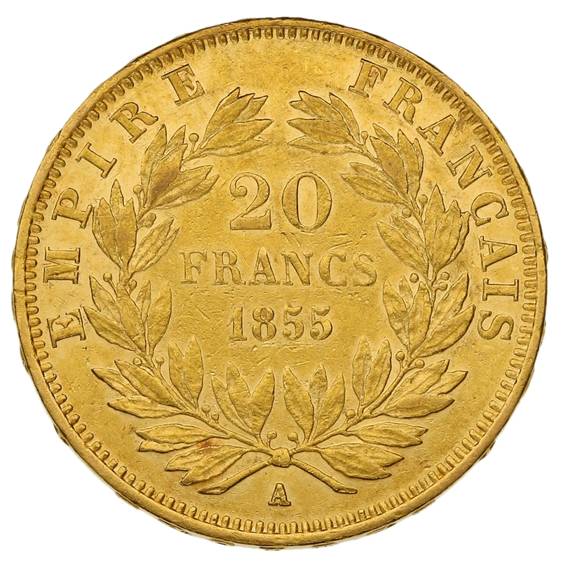 1855 French 20 Francs Gold Coin Napoleon III Bare Head A greyhound